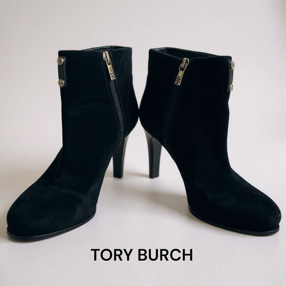 Tory Burch Black Suede Ankle Boots Heels Booties Size 7.5